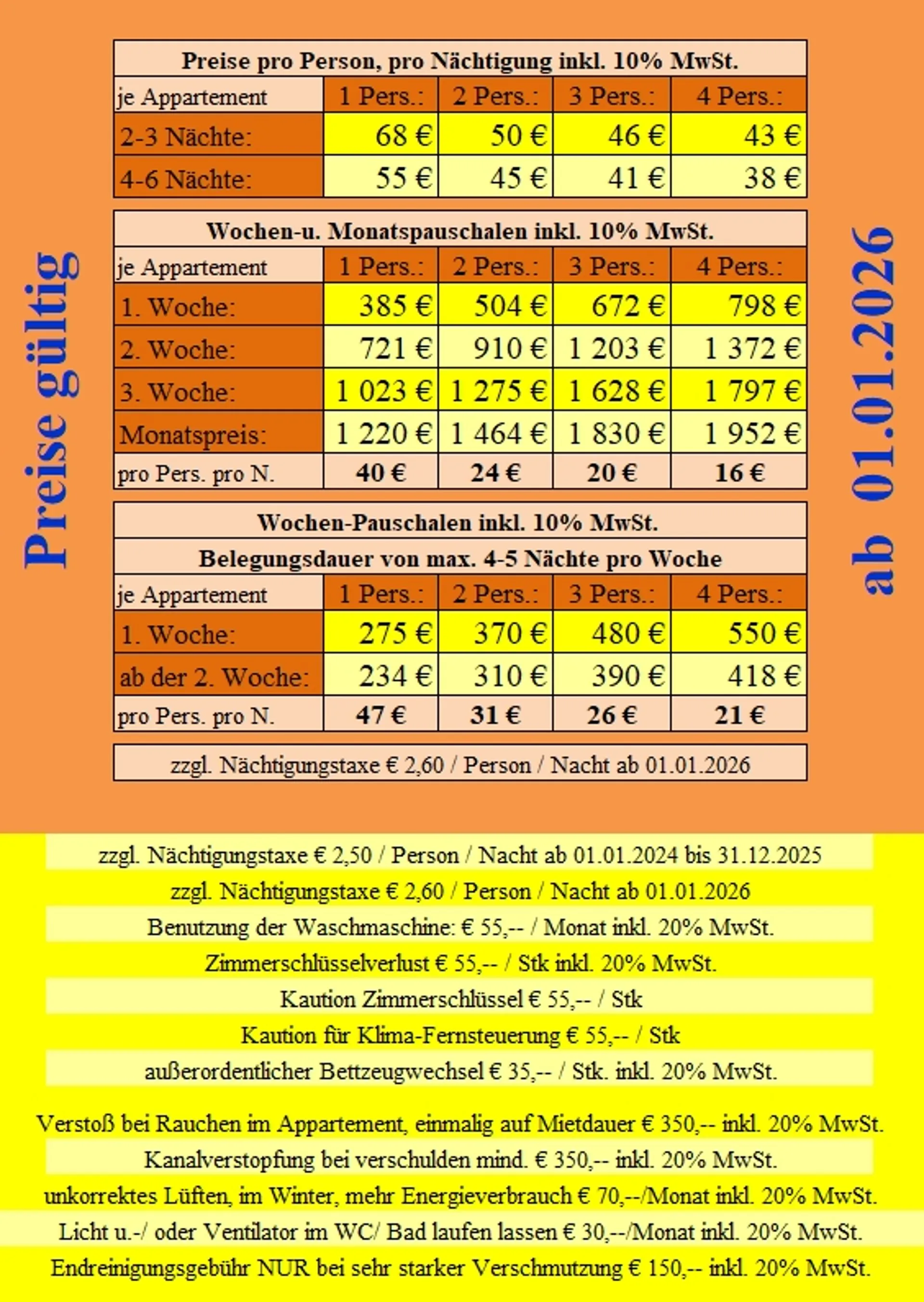 Aktuelle Preisliste Spadt Zimmer Münchendorf – Preise pro Person und Nacht, Wochen- und Monatspauschalen ab 01.01.2026